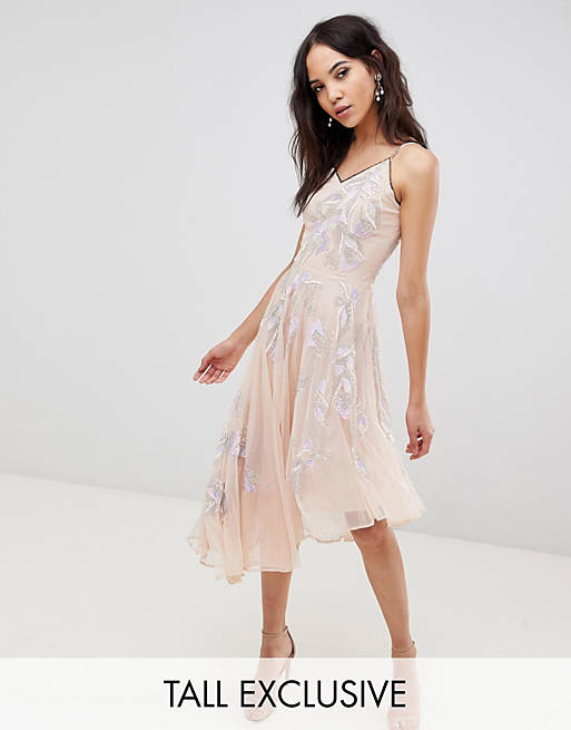 Frock And Frill Tall Embroidered Cami Strap High Low Midi Dress With Plunge Back Detail
