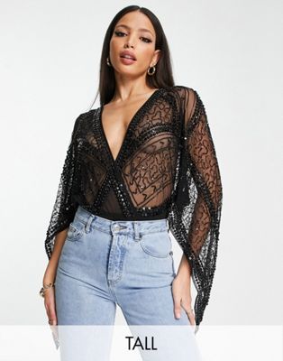 Frock and Frill Tall premium embellished kimono sleeve bodysuit in black