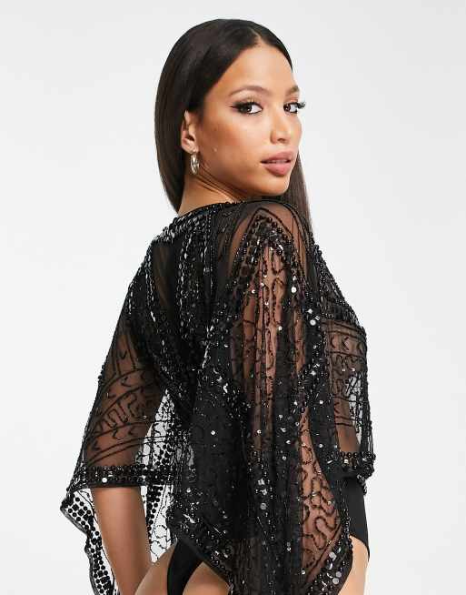 Frock and Frill Tall premium embellished kimono sleeve bodysuit in black , 2 of 4