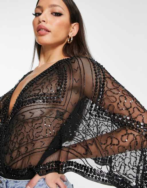 Frock and Frill Tall premium embellished kimono sleeve bodysuit in black , 3 of 4