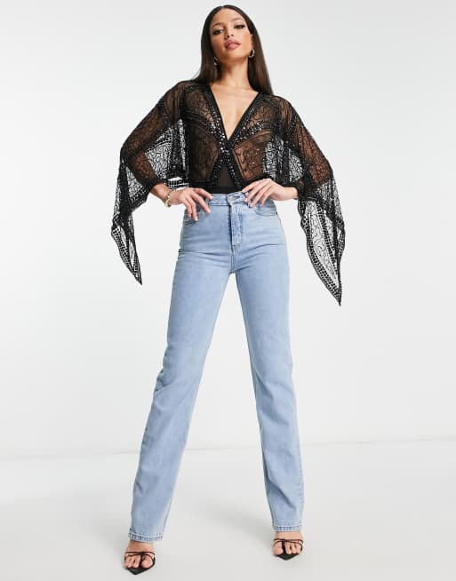 Frock and Frill Tall premium embellished kimono sleeve bodysuit in black , 4 of 4