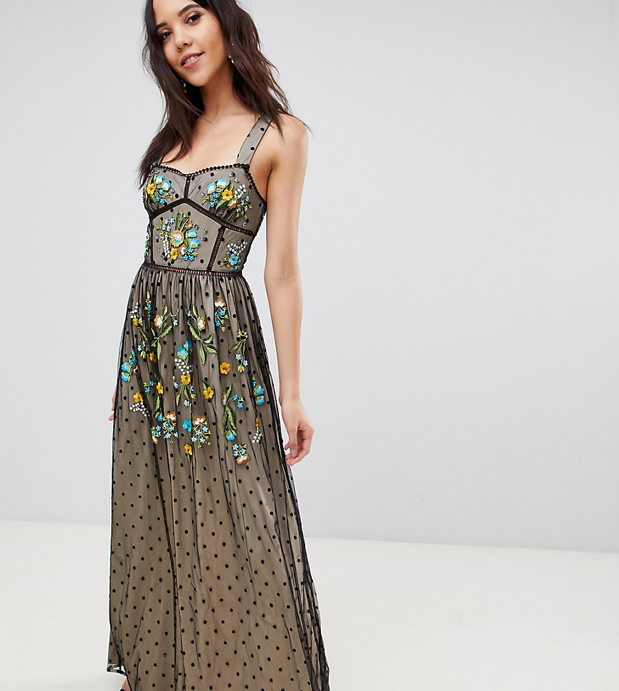 Frock And Frill Tall Premium Folk Embroidered Structured Strap Maxi Dress-Black