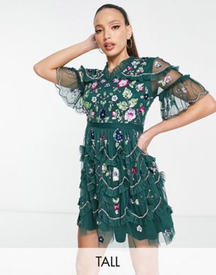 Frock and Frill Tall tiered mini dress with multi embellishment in dark green