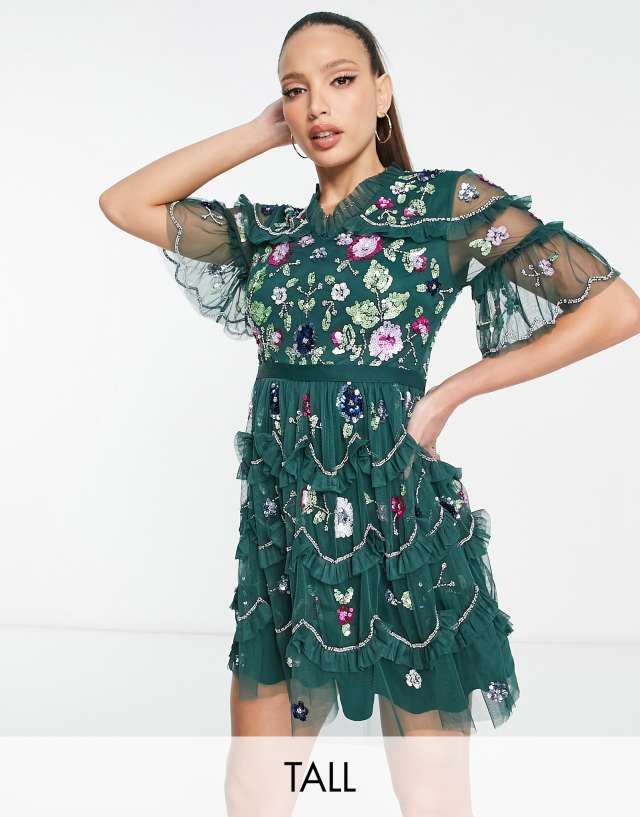 Frock and Frill Tall tiered mini dress with multi embellishment in dark green