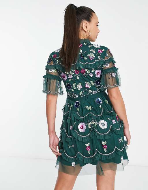 Frock and Frill Tall tiered mini dress with multi embellishment in dark green, 2 of 4