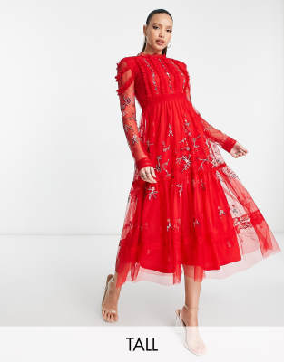 Frock and Frill Tall - Verziertes Midikleid in Rot