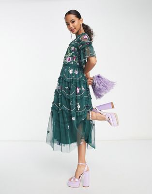Frock and Frill tiered midi dress with multi embellishment in dark green
