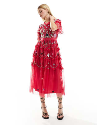 Frock and Frill tiered midi dress with multi embellishment in raspberry