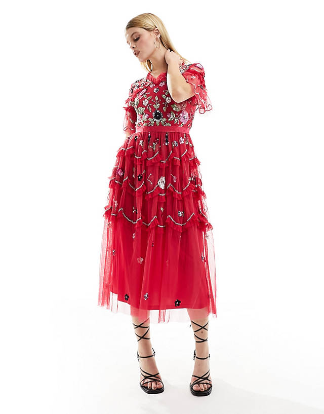 Frock and Frill - tiered midi dress with multi embellishment in raspberry