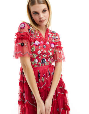 Frock and Frill tiered midi dress with multi embellishment