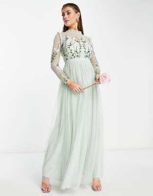 Frock and Frill - Vestito lungo da damigella con gonna a pieghe e top decorato color malva polvere
