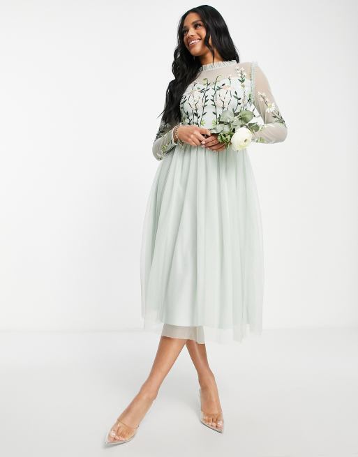Frock and Frill - Vestito lungo da damigella con gonna a pieghe e top decorato color salvia