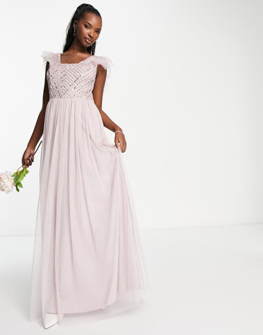 Frock and Frill - Vestito lungo svolazzante da damigella color talpa, 4 di 4