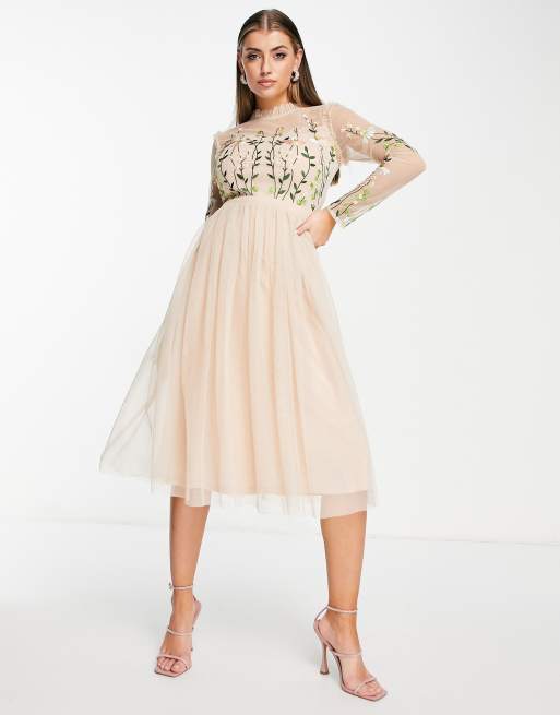 Frock and Frill - Vestito midi da damigella con gonna a pieghe e top decorato color malva polvere