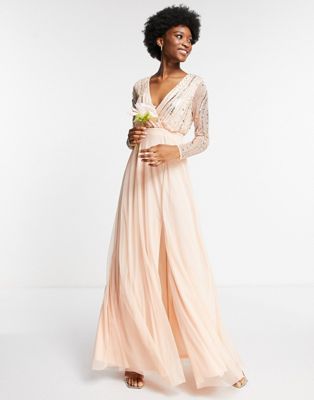 Frock and Frill wrap front embellished maxi dress in pearl pink