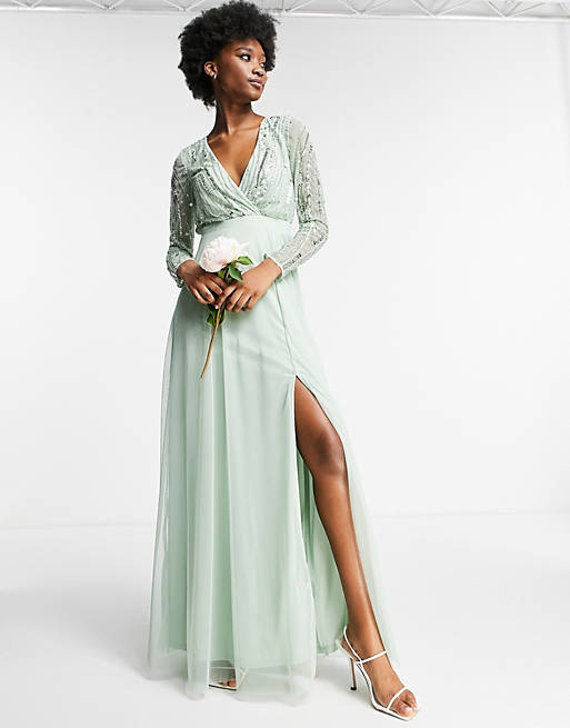 Frock and Frill wrap front embellished maxi dress in sage green 