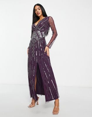 Frock and Frill wrap front maxi dress in dark plum