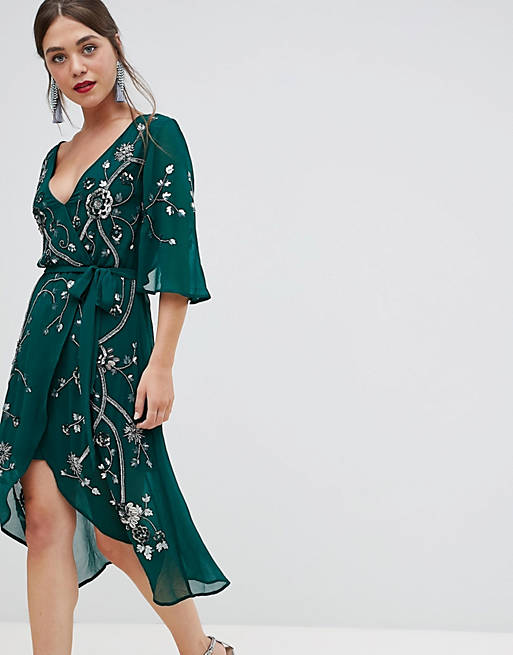 Frock & Frill 3/4 sleeve wrap midi dress with embellished detail | ASOS