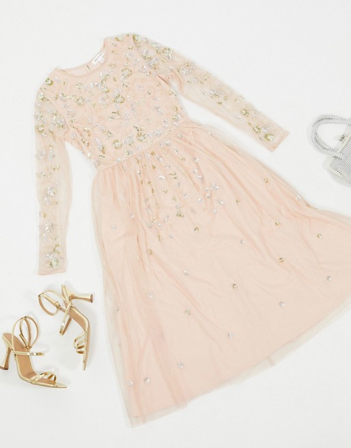 Frock & Frill embellished long sleeve midi dress in blush