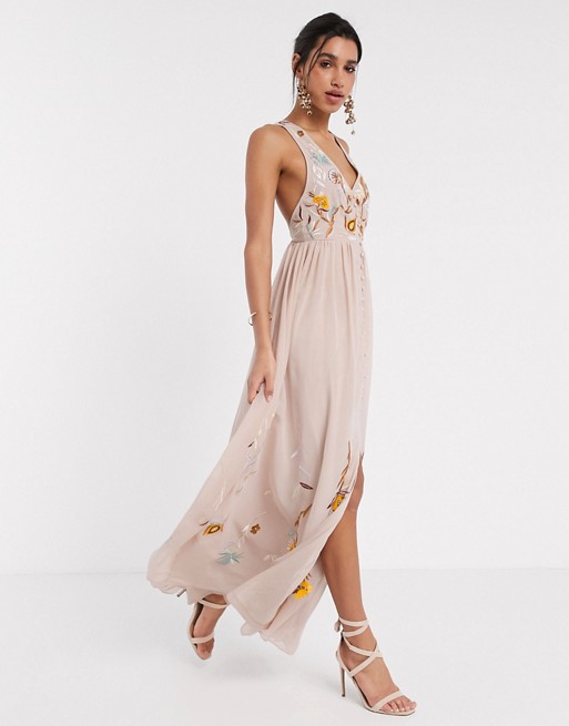 Frock & Frill embroidered button front maxi dress in light pink