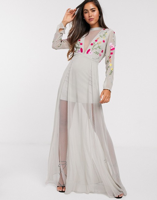 Frock & Frill embroidered maxi dress with sheer panels in grey