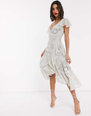 embroidered ruffle sleeve midi dress