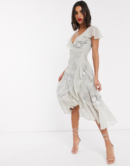 Frock & Frill embroidered ruffle midi dress in grey