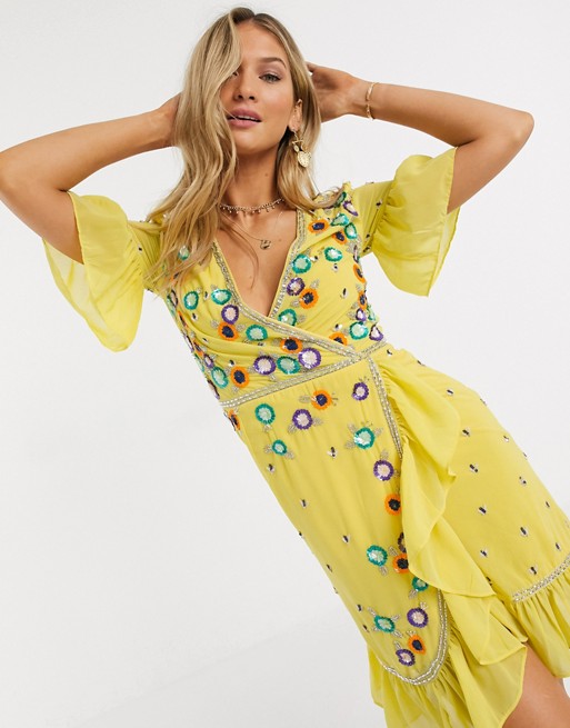 Frock & Frill embroidered ruffle mini dress in yellow