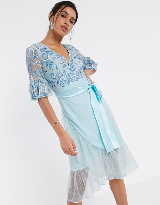 Frock & Frill fluted sleeve embellished midi dress in blue