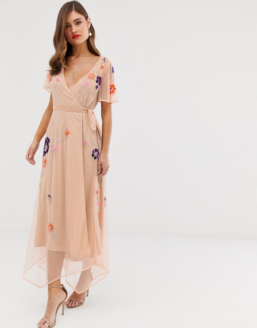 Frock & Frill - Geborduurde jurk met korte mouwen en overslag-Roze
