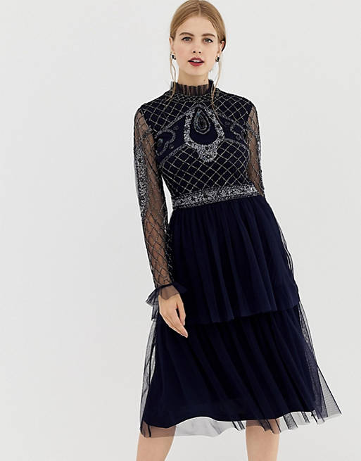 Frock & Frill high neck long sleeve beaded dress with tulle skirt
