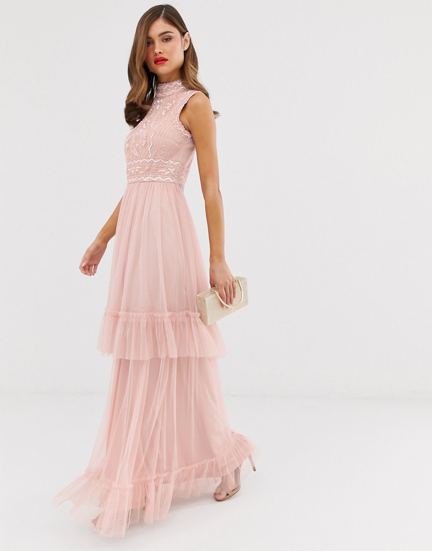 Frock & Frill - Lange gelaagde jurk van tule met versiering-Roze
