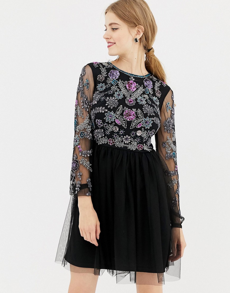 Frock & Frill long sleeve embellished skater dress with open back-Black