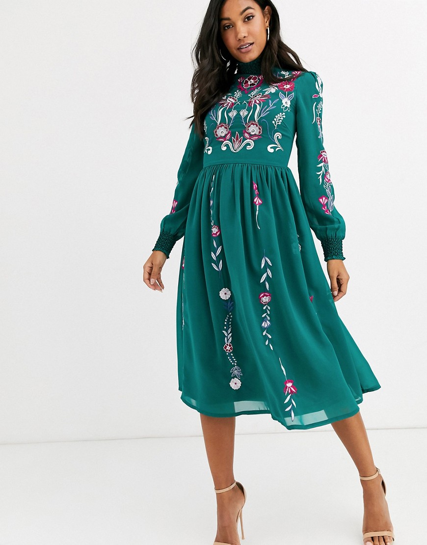 Frock And Frill Frock & Frill Long Sleeve High Neck Embroidered Midi Dress-green