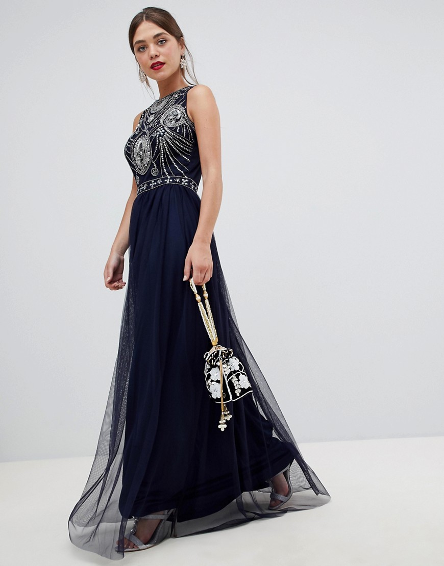 Frock & Frill - Mouwloze lange jurk met open achterkant en versiering-Blauw
