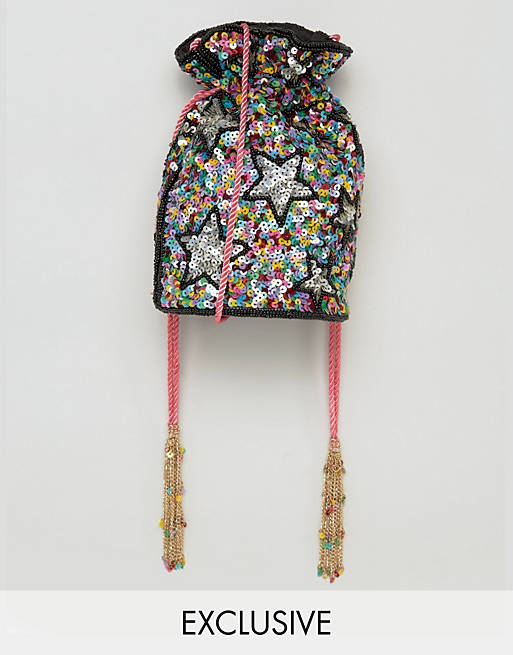 From St Xavier X How Two Live Hand Beaded Drawstring Multi Coloured Cross Body Bag