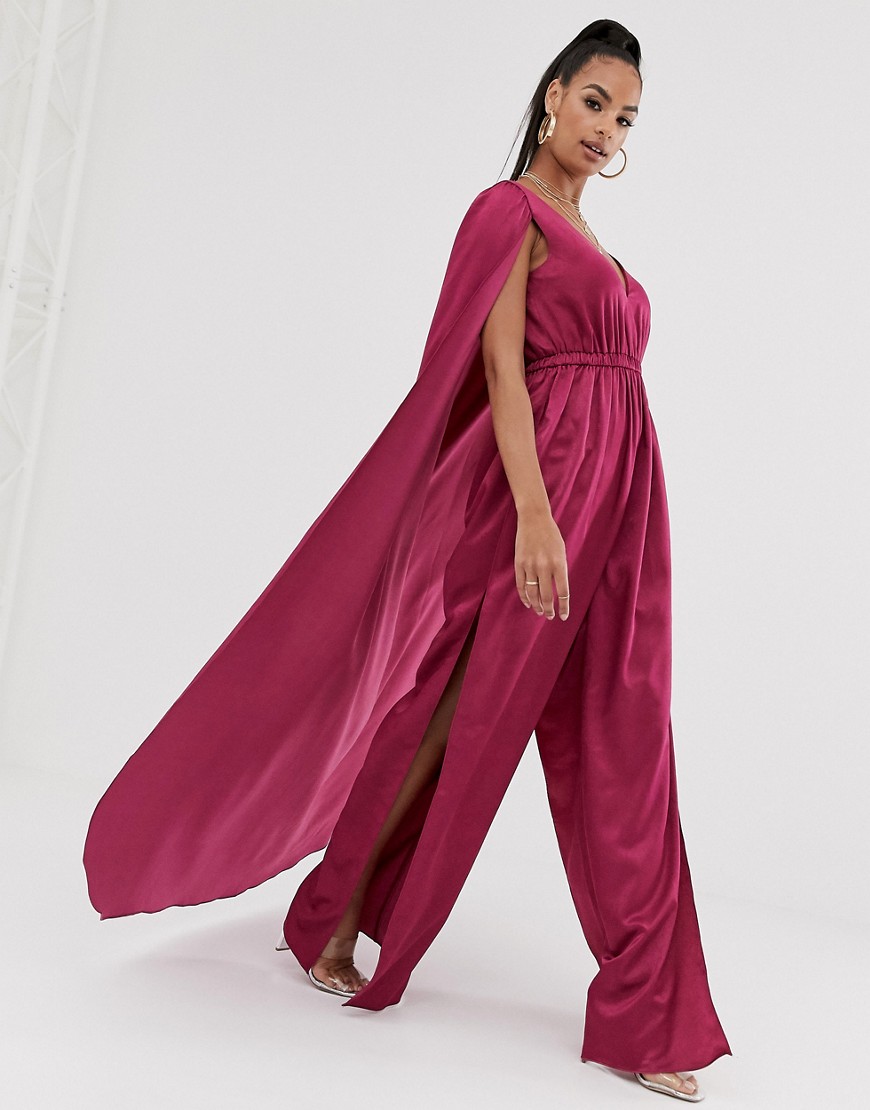 Fuchsiafarvet jumpsuit med kappe i satin fra Bariano-Pink