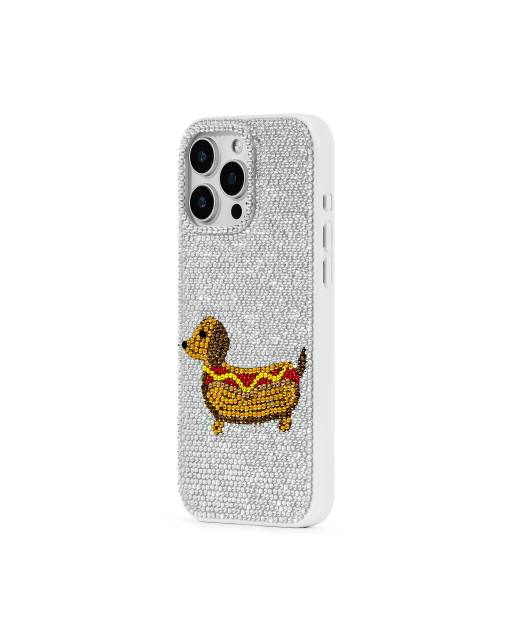Funda para teléfono plateada con diseño de perro salchicha con abalorios de JW PEI, 2 de 3