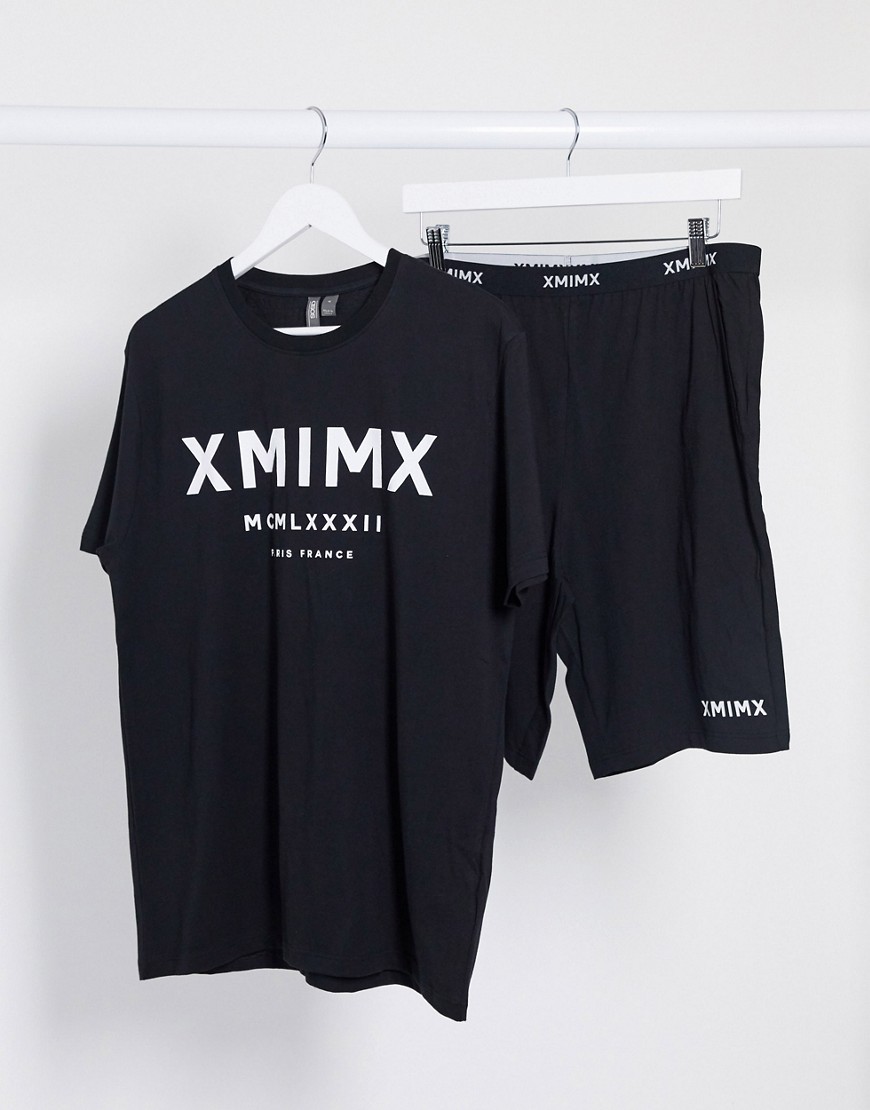 фото Футболка для дома и шорты с принтом римских цифр xmimx и логотипом на поясе asos design-черный