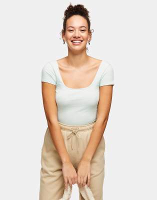 Футболка мятного цвета в рубчик с квадратным вырезом Topshop-Зеленый цвет