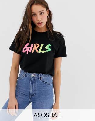 фото Футболка с надписью "girls" и эффектом омбре asos design tall-черный asos tall