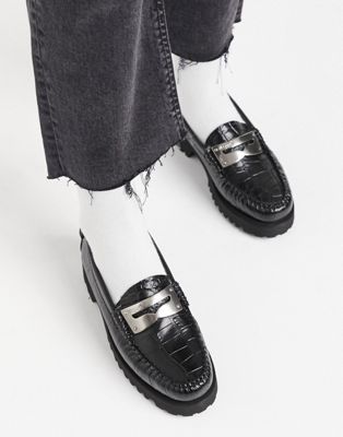 G H Bass Weejun penny plate flatform loafers in black croc | ASOS
