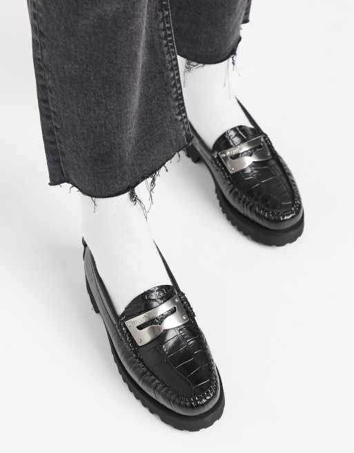 G H Bass – Weejun Penny Plate – Svarta krokodilskinnsmönstrade loafers med plattformsula