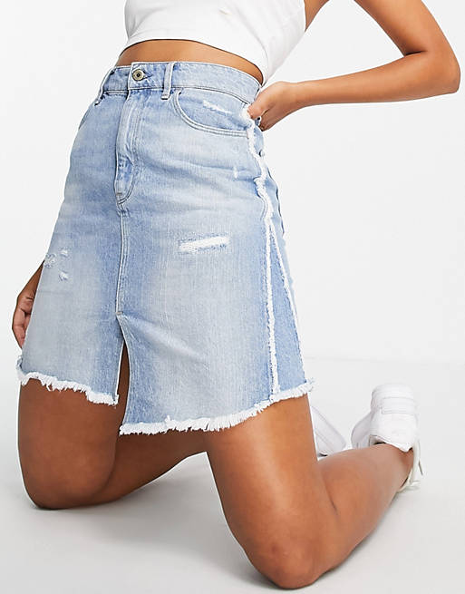 G-Star 3301 distressed denim skirt with contrast stitching in vintage blue
