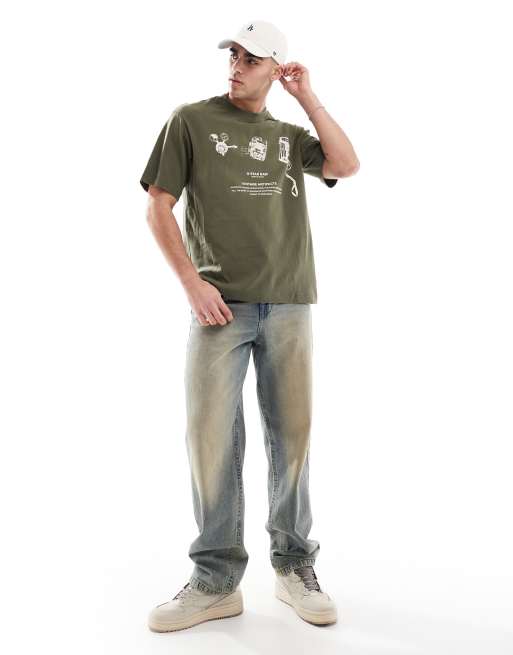 G-Star - Archive - T-shirt oversize kaki con stampa sul petto e sulla schiena, 2 di 4