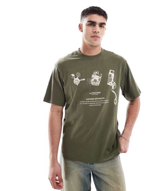 G-Star – Archive – T-shirt oversize w kolorze khaki z nadrukiem na piersi i plecach - view 1