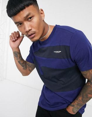 G-Star – Blaues T-Shirt mit Patchwork-Design
