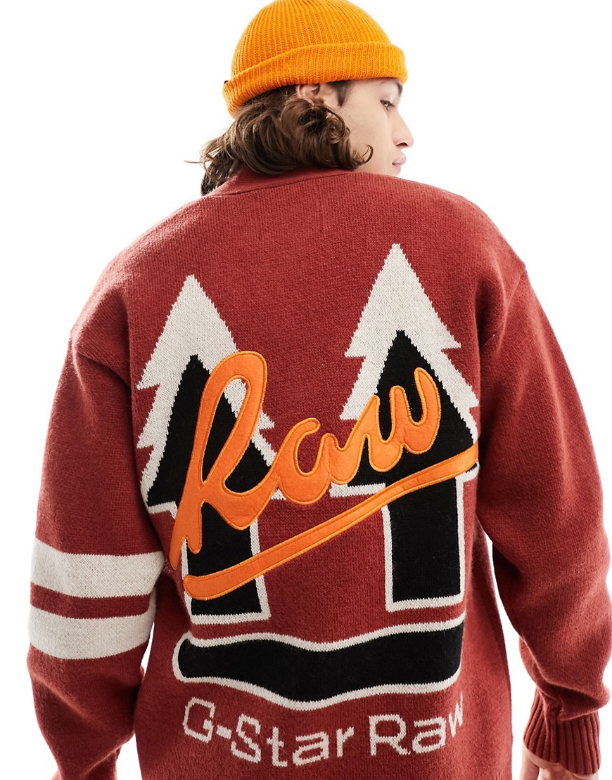 G-star cardigan in burnt red with varsity graphics and back embroidery