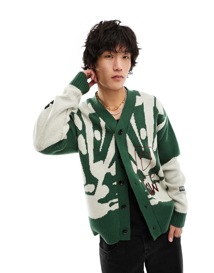 G-Star cardigan in green with all over white artwork