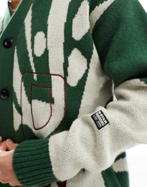 G Star cardigan in green with all over white artwork